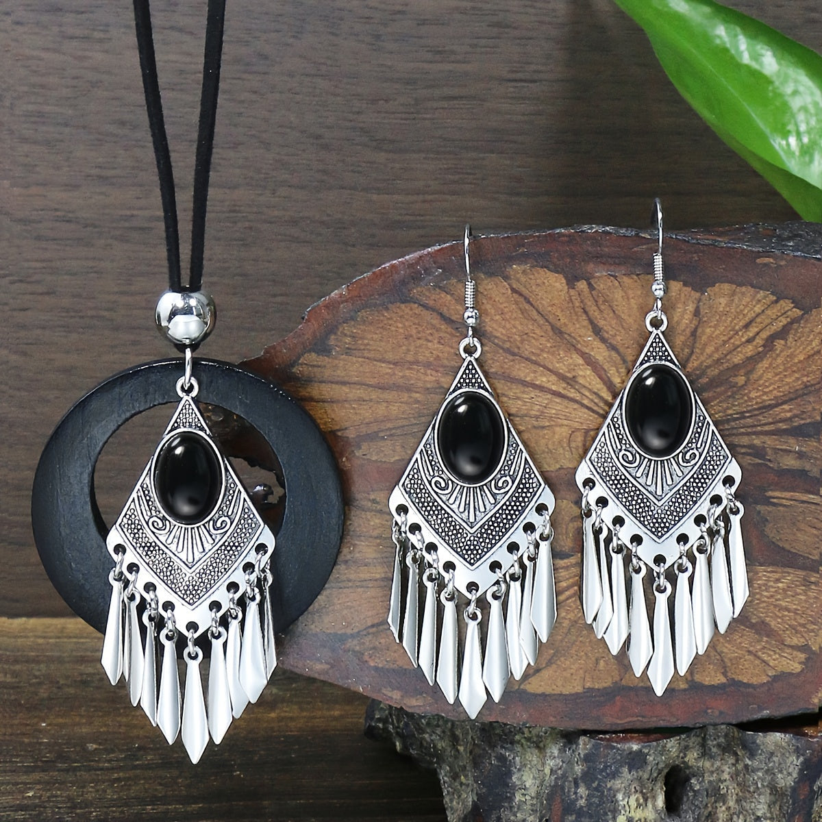 Set of 3 Men's Jewelry Bohemian Rhombus Earrings Necklace Sweater Chain