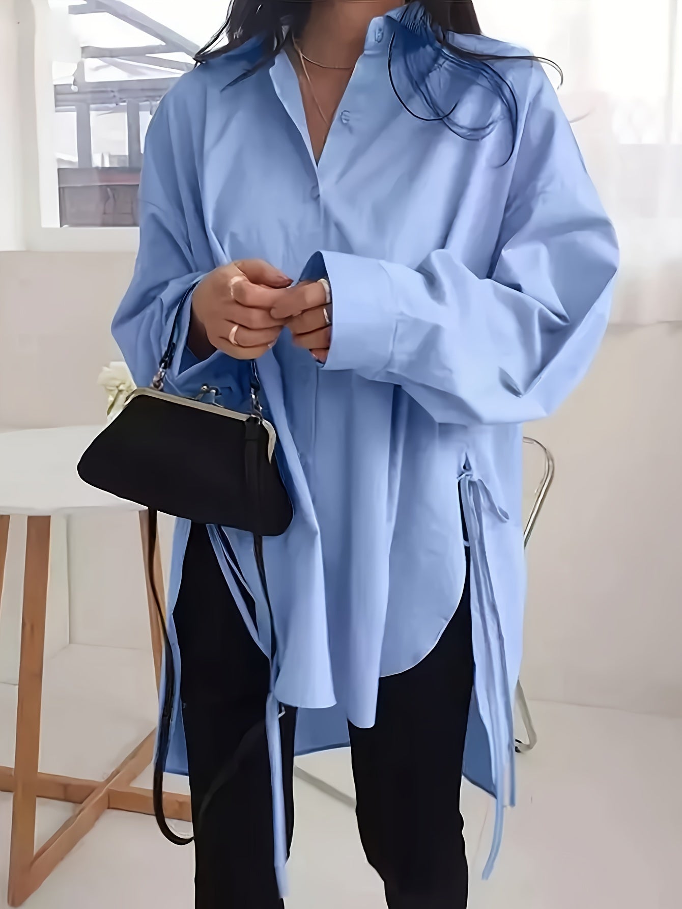 Plus Size Polyester Casual Shirt with Dipped Hem and Lace-Up Front