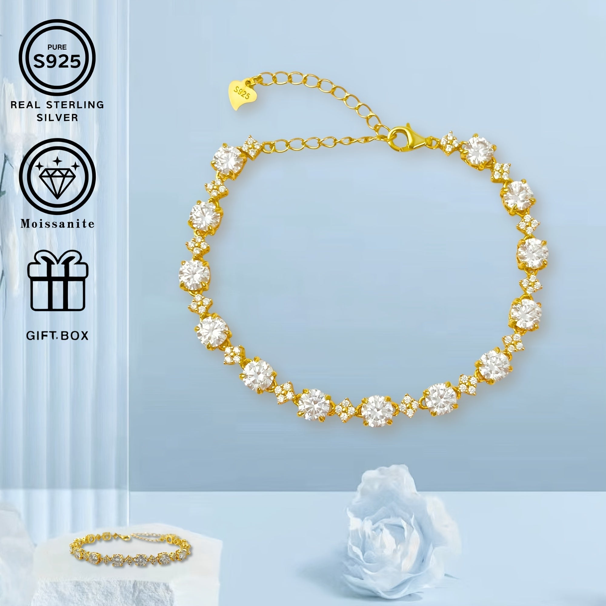 Silver Bracelet with Star-Shaped Moissanite 0.5ct and Gold Clasp for Women