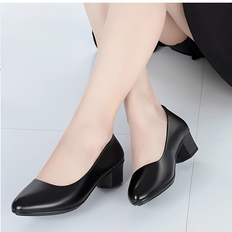 Women's Black Faux Leather Work Pumps with Mid Heel Slip-On Office Shoes