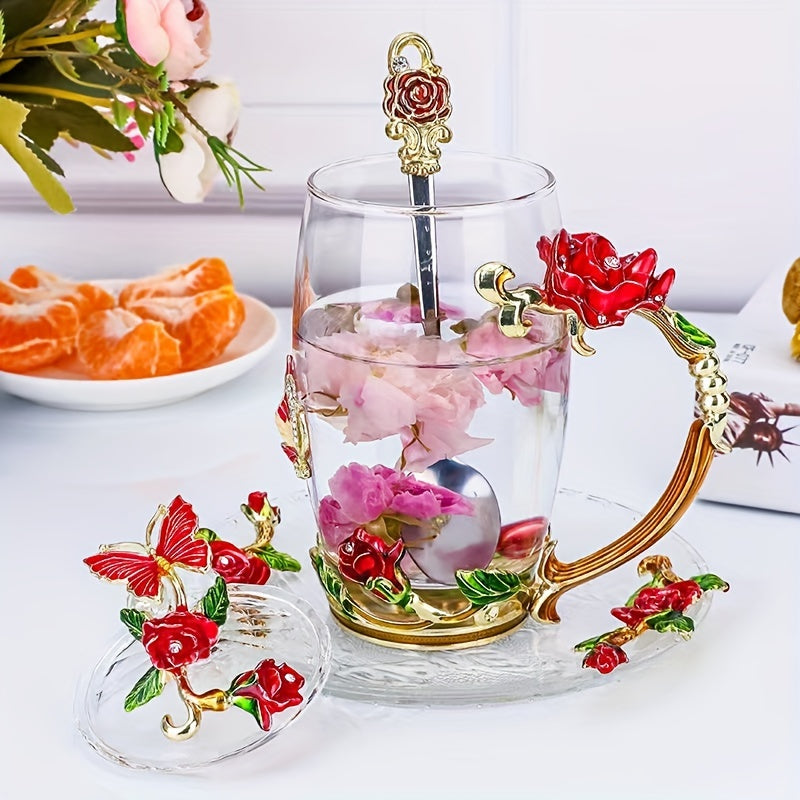 Enamel Crystal Tea Cup with Butterfly and Rose Design Heat Resistant for Coffee Water