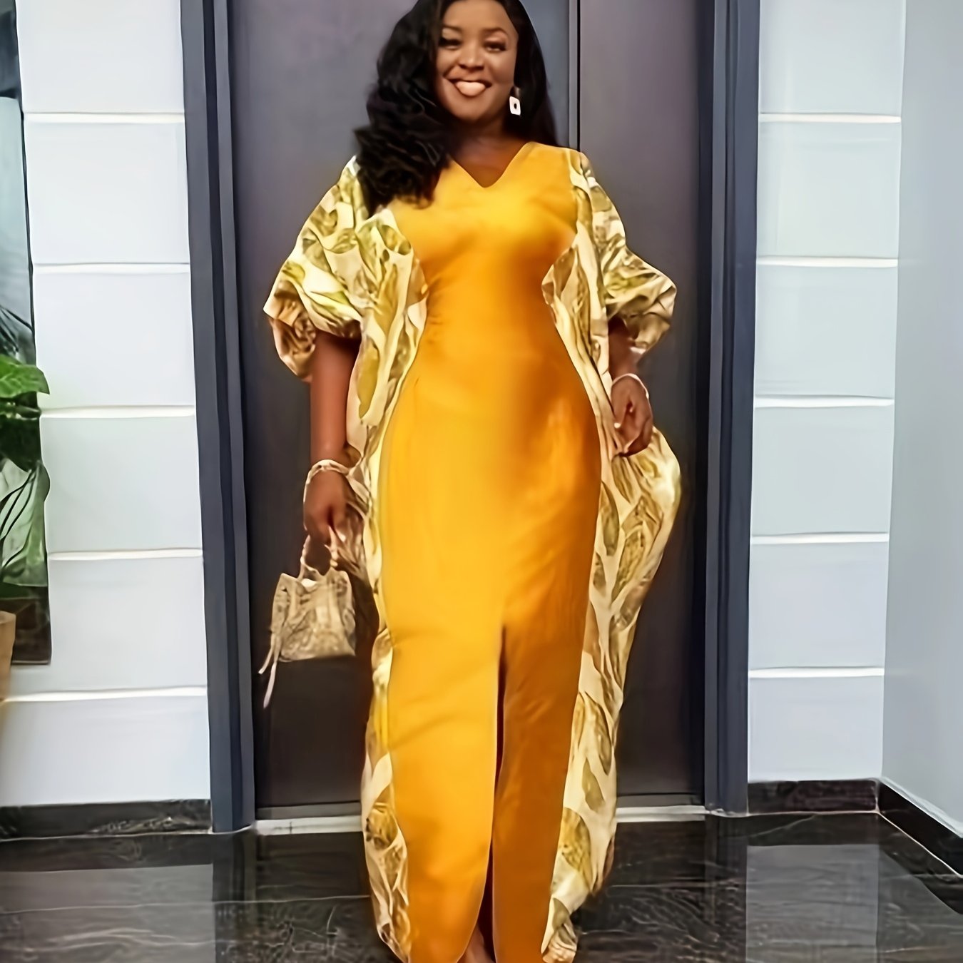 Plus Size Elegant V-Neck Kaftan Dress for Women Floral Print Loose Fit