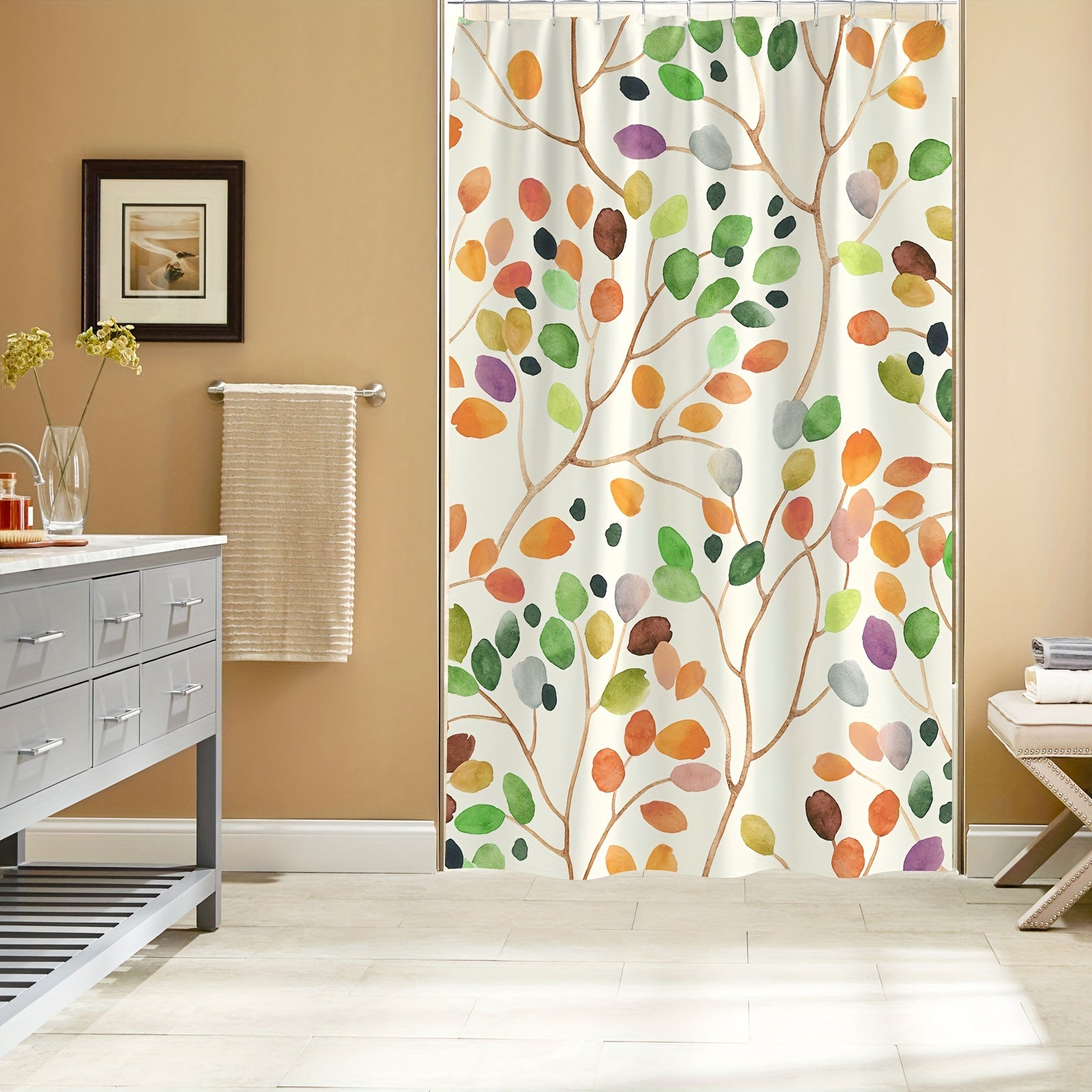Plants Print Waterproof Shower Curtain with Hooks Decorative Bathroom Accessory