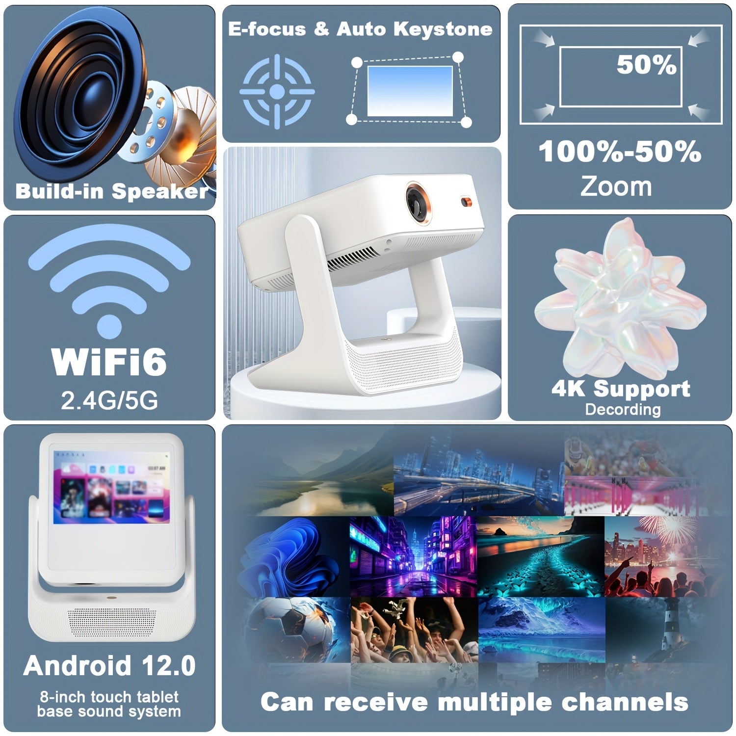 Portable Dual Screen 4K Projector 1080P Full HD Wi-Fi Touch Screen