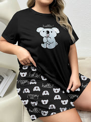 Plus Size Women's Pajama Set Cartoon Koala Print Short Sleeve Top and Bow Shorts