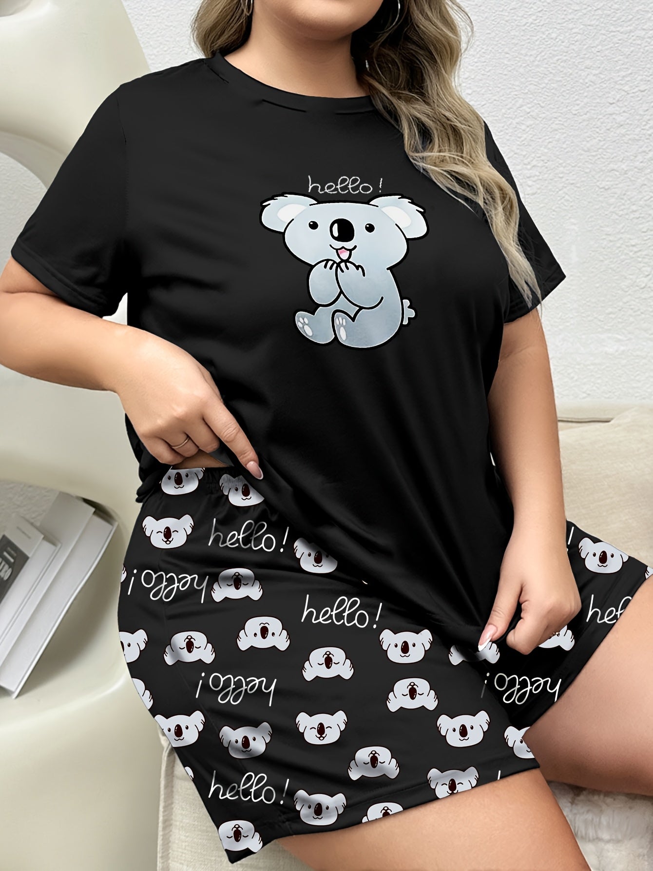 Plus Size Women's Pajama Set Cartoon Koala Print Short Sleeve Top and Bow Shorts