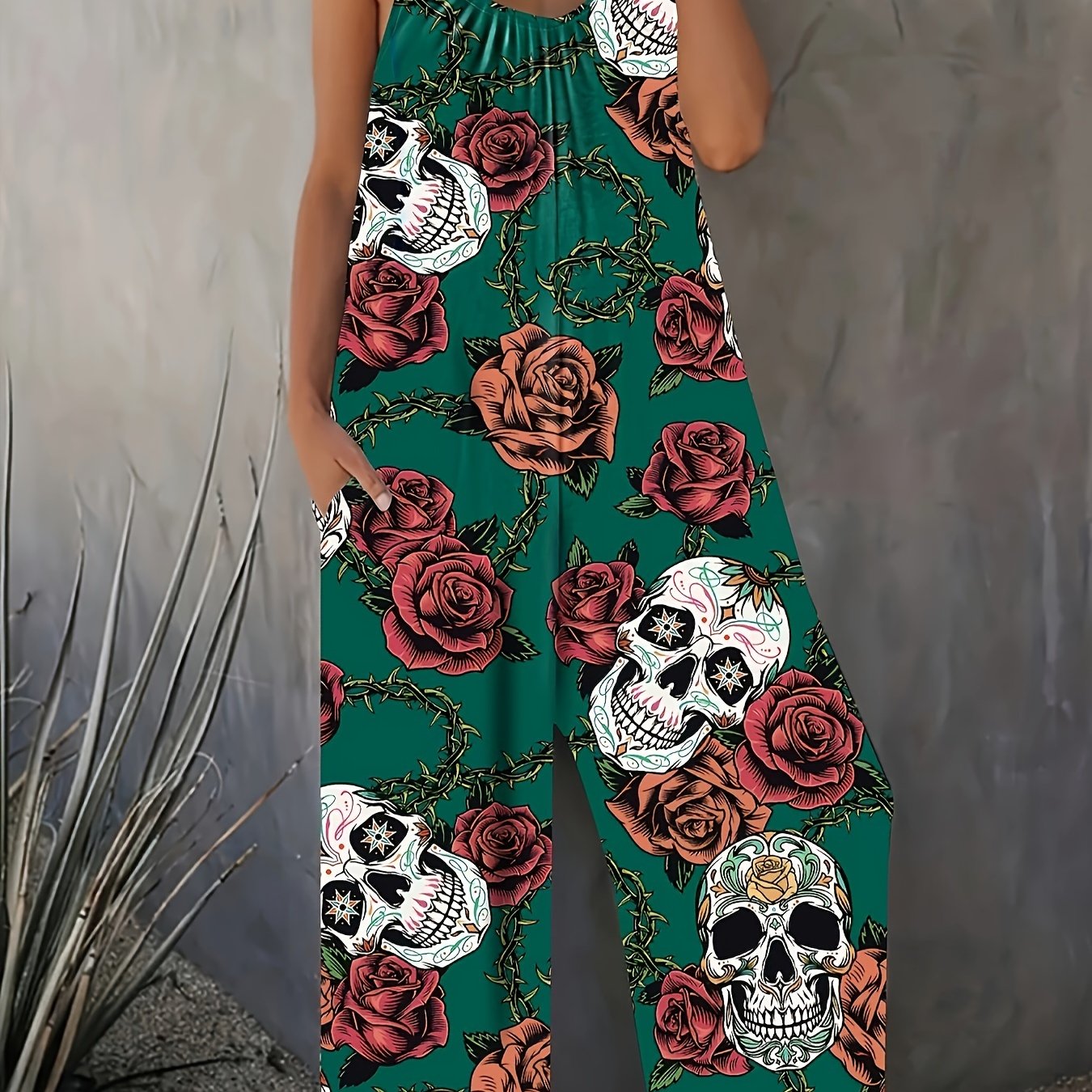 Plus Size Floral Skull Print Slip Jumpsuit Casual Sleeveless Pocket Dress