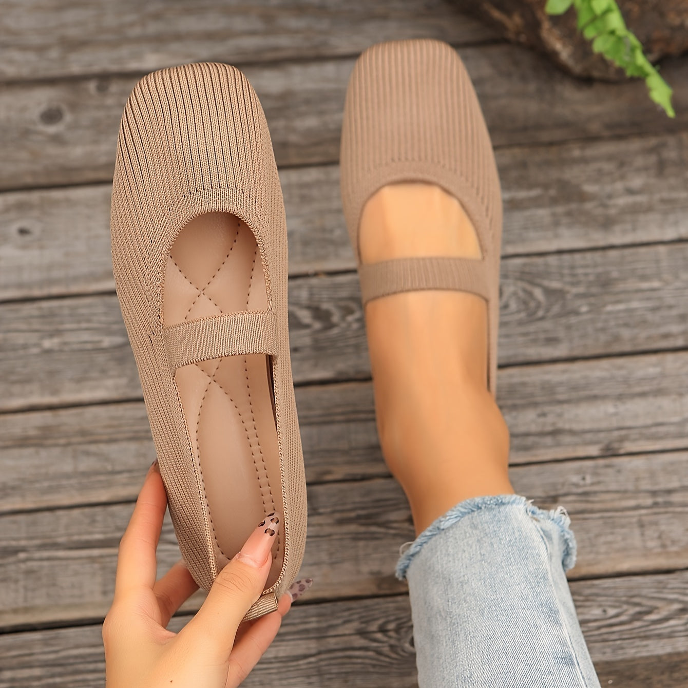 Women's Casual Knit Flats with Square Toe Fabric Upper Slip-On All-Season