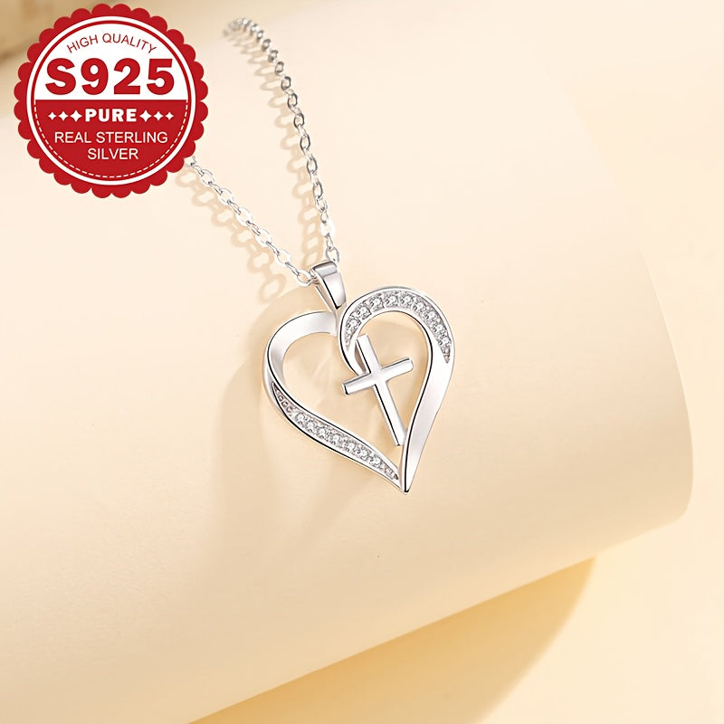 Sterling Silver Heart Cross Pendant Necklace with Synthetic Zirconia for Women