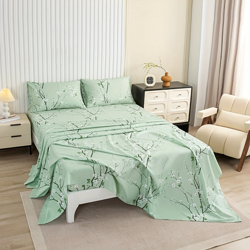 Floral Branch Microfiber Fitted Sheet Set with Deep Pockets and Pillowcases