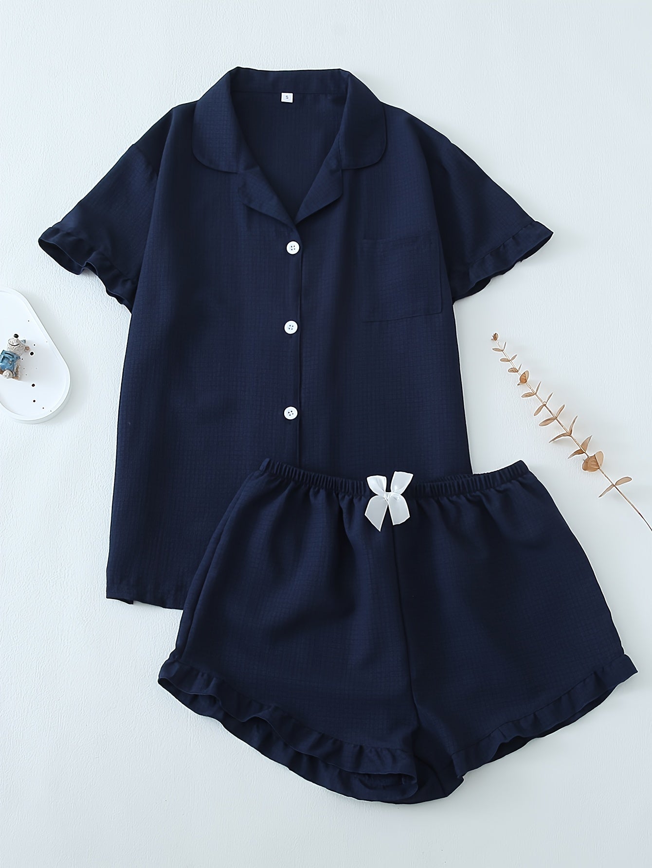 Teen Polyester Pajama Set with Solid Color, Short Sleeves, Ruffle Shorts for All-Season Sleepwear