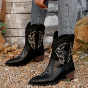 Women's Western Embroidered Cowboy Boots Black Pointed Toe Slip-On