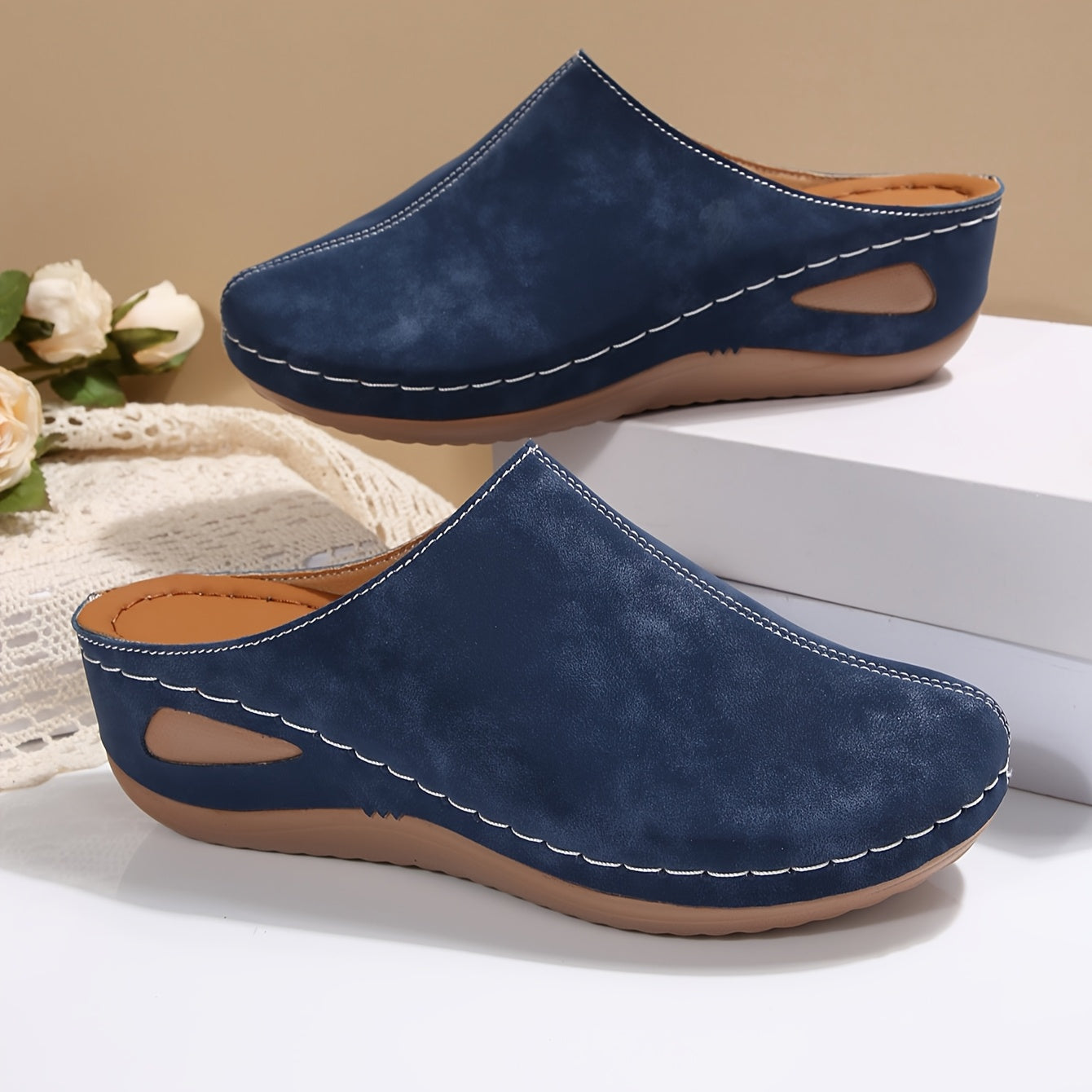 Women's Navy Blue PU Slip-On Flats Non-Slip Cushioned Insole All-Season
