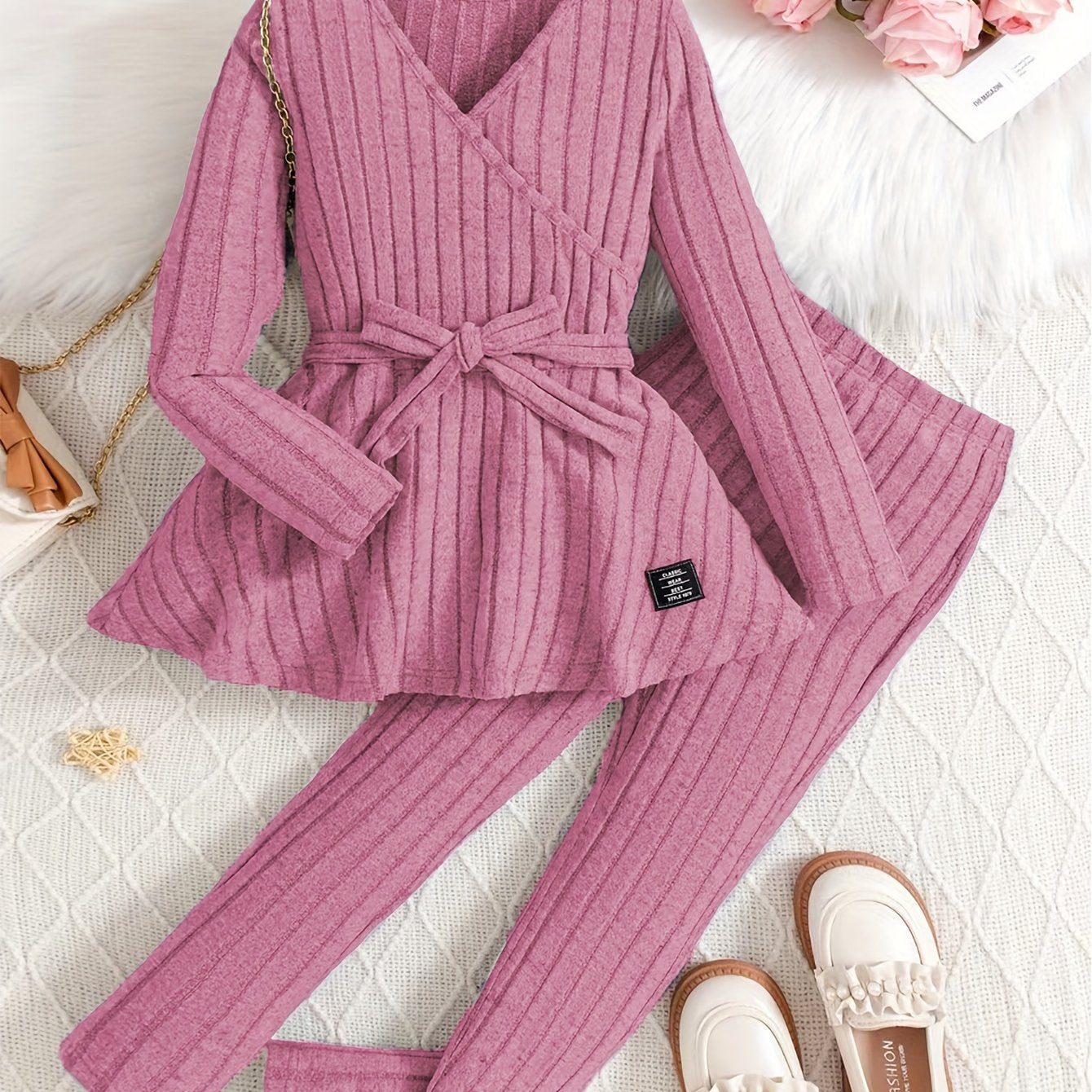 Leggings de rayas de punto de costilla ajustado para niñas primavera verano, con estiramiento medio y amigables con la piel