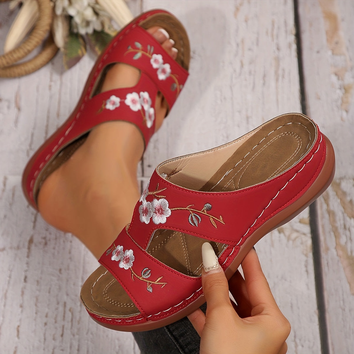 Women's Floral Wedge Sandals Faux Cover Open Toe Slip-On Summer Shoes