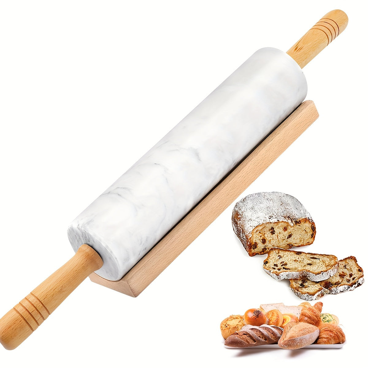 Marble Rolling Pin 47.98cm with Wooden Stand Non-Stick Surface for Baking Cookies Pizza Pasta