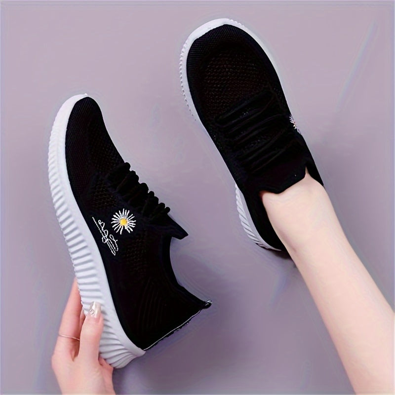 Women's Fabric Platform Sneakers with Flower Pattern Casual Lace-Up Low Top All-Season