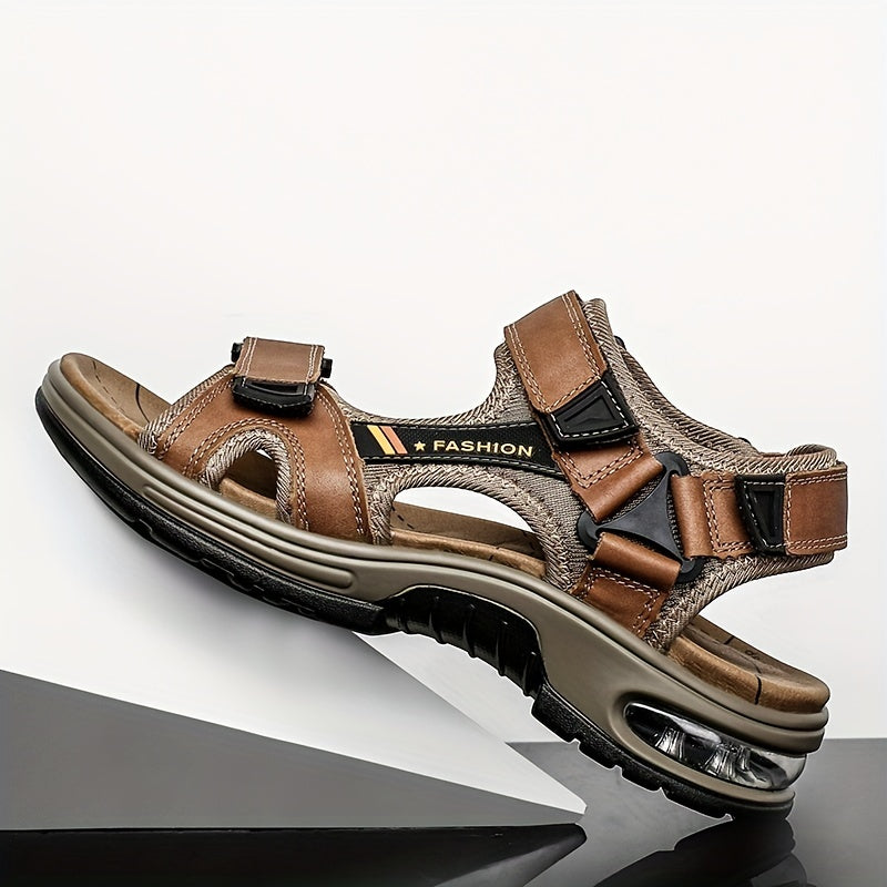 Men's Leather Open-Toe Beach Sandals with Thick Sport Sole Adjustable Straps