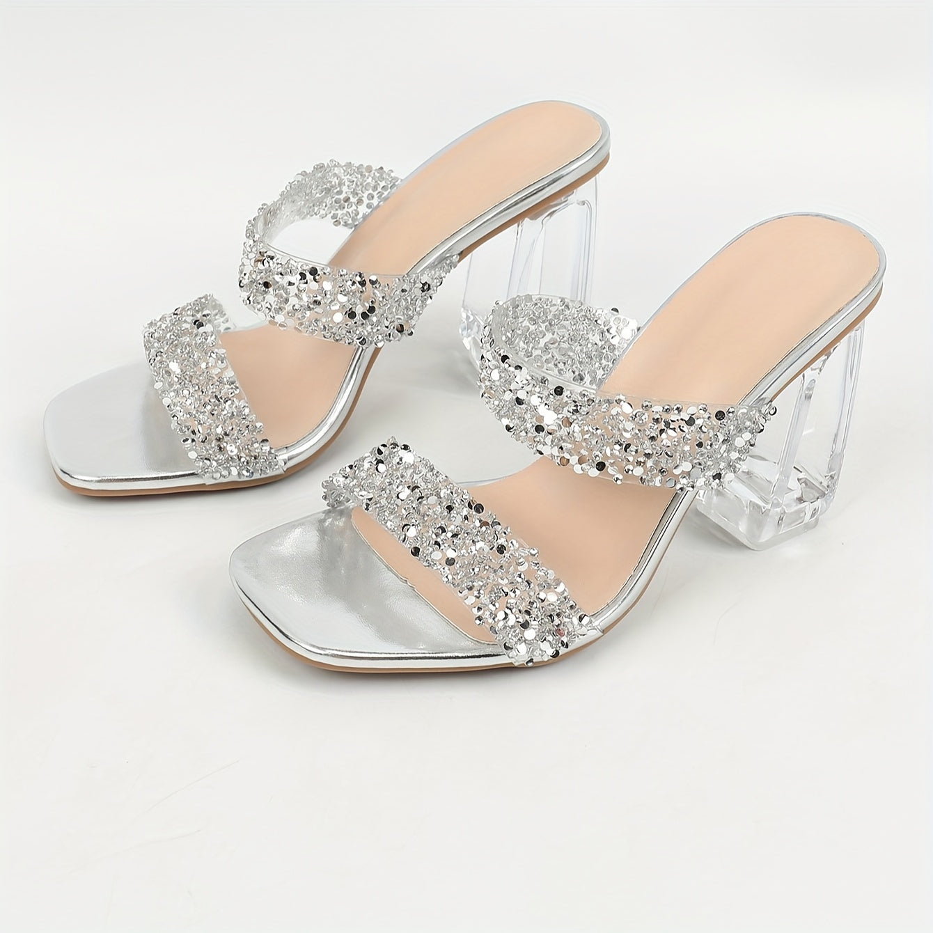 Women's Silver Open-Toe Mules with Crystal Heels and Clear Chunky Heels for Summer Parties