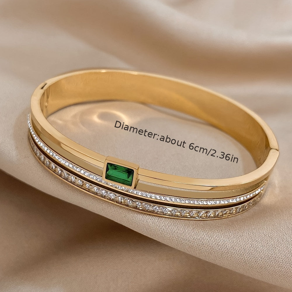 Stainless Steel Cuff Bracelet Green White Rhinestones Water-Resistant Unisex Gold Jewelry