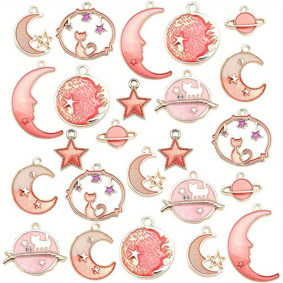 Set of 24 Pink Assorted Gold Plated Enamel Celestial Pendants for Jewelry Making