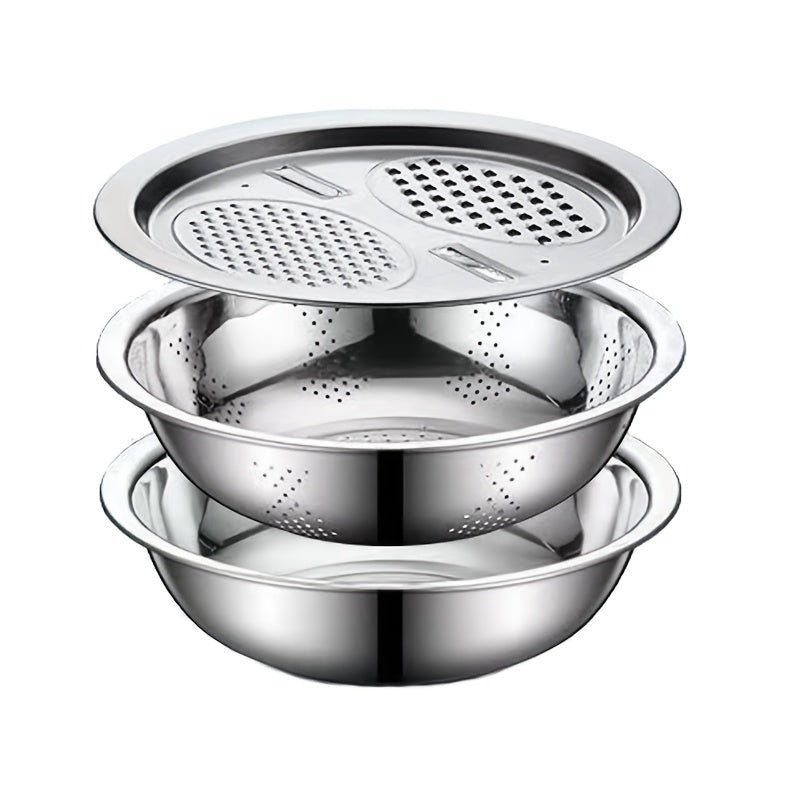 3-Piece Stainless Steel Kitchen Utensil Set with Grinder Strainer and Mixing Bowl for Food Preparation