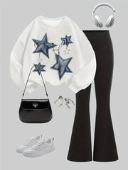 Qizlar uchun tasodifiy yulduz zanjirli printli sviter va kengaytirilgan shimlar to'plami, polyester to'qimadan tayyorlangan, multfilm naqshi bilan, kundalik kiyim, partiyalar va ta'til uchun mos. Ribbed bilan pulloverni o'z ichiga oladi.