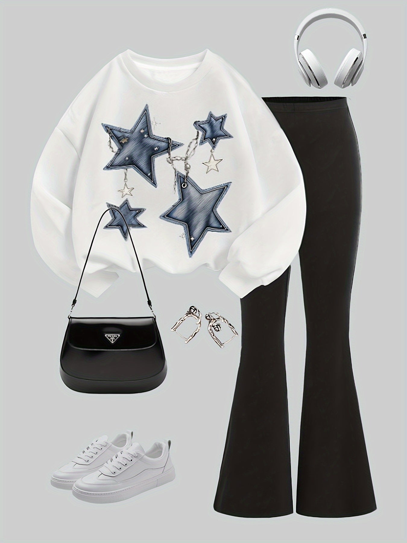 Qizlar uchun tasodifiy yulduz zanjirli printli sviter va kengaytirilgan shimlar to'plami, polyester to'qimadan tayyorlangan, multfilm naqshi bilan, kundalik kiyim, partiyalar va ta'til uchun mos. Ribbed bilan pulloverni o'z ichiga oladi.