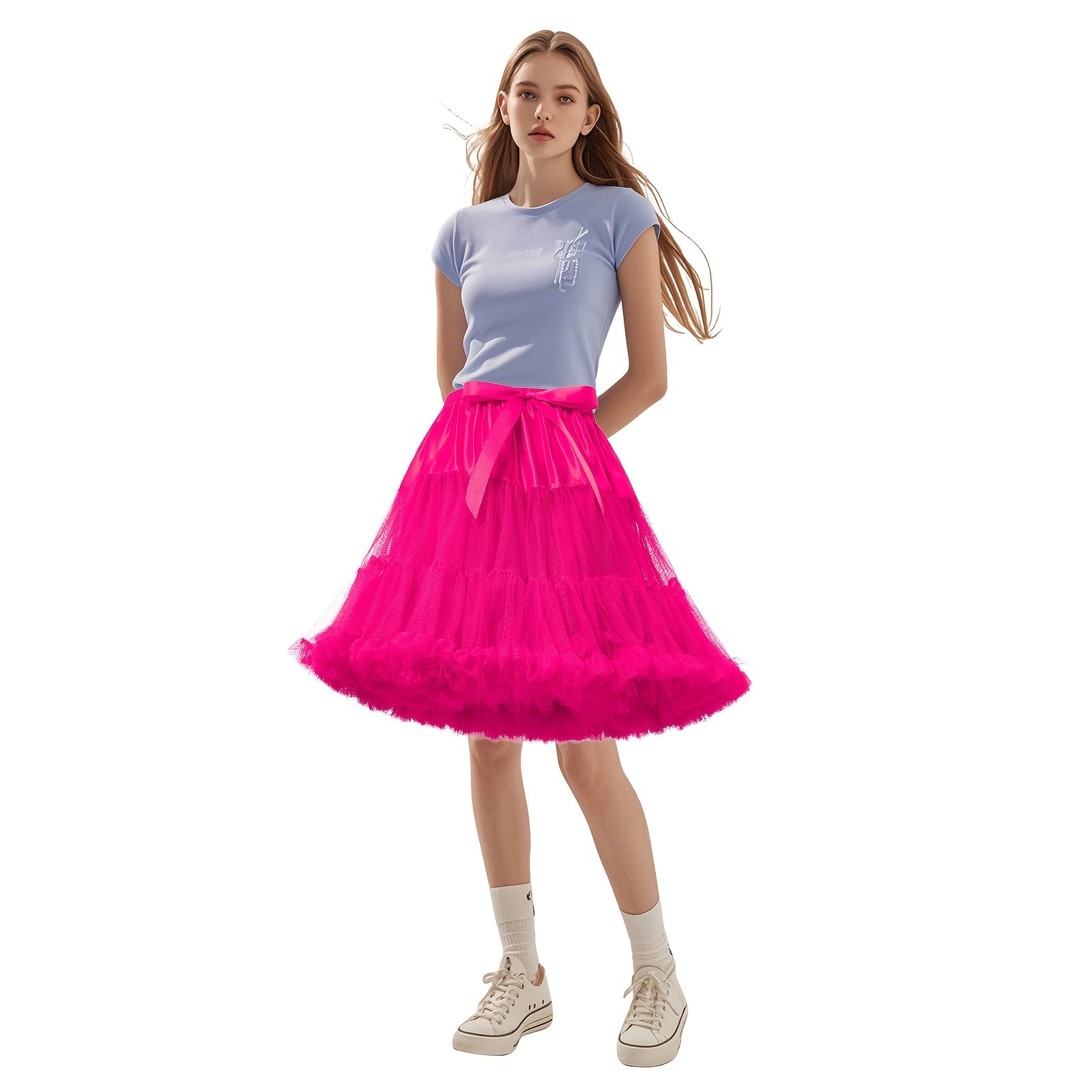 Ayollar uchun ko'p rangli tulle pleated yubka yuqori bel, katta hajmli polyester spandex