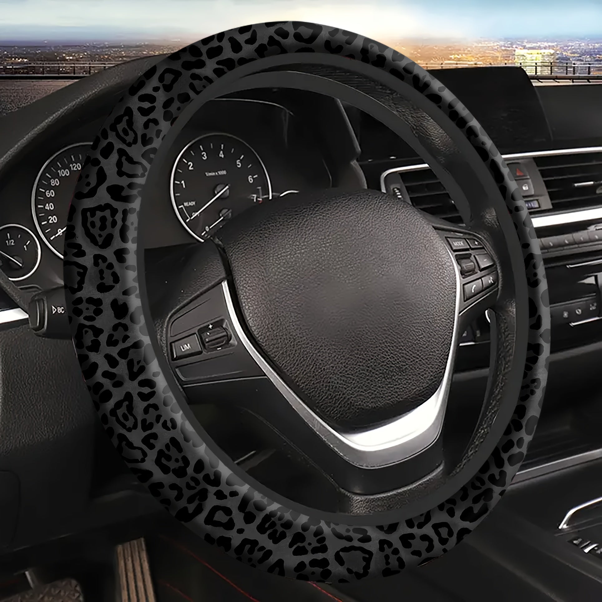 Universal Black Leopard Print Steering Wheel Cover Non-Slip 15 Inch