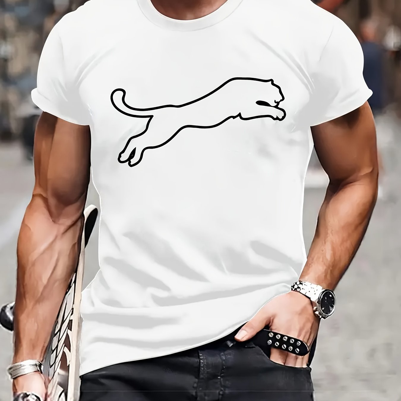 Men's Polyester Leopard Print Casual T-Shirt with Crew Neck Summer Fit