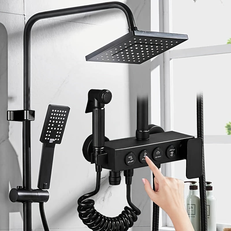 Black and Gold Bathroom Shower System with Rain Showerhead Handheld Tub Faucet and Mixer