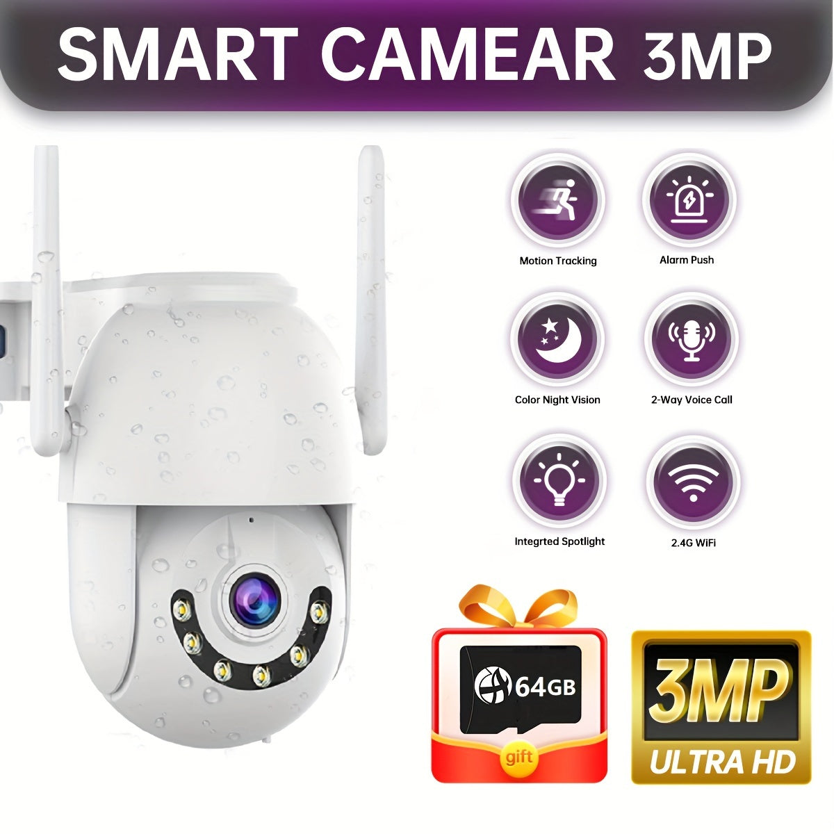 Wireless Outdoor Security Camera 3MP HD Human Tracking Motion Detection 64GB Included