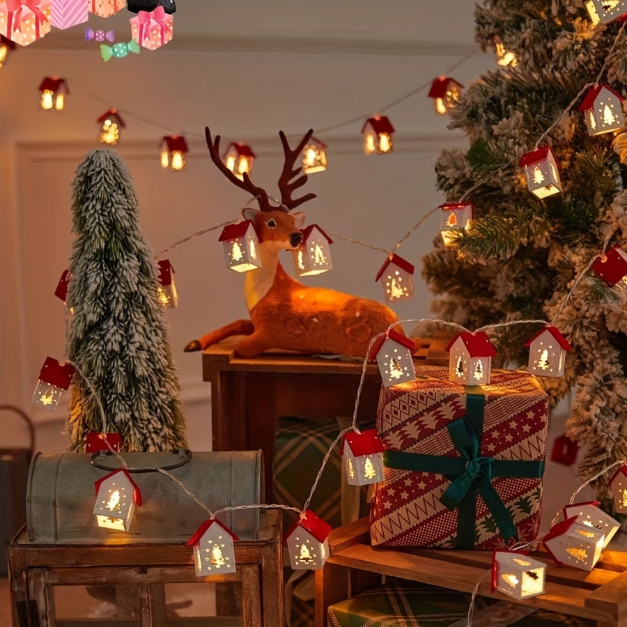 Casa de reno de madera con luces de hadas de cuento de hadas, 2M, 10 LED, guirnalda de Navidad roja, alimentada por batería