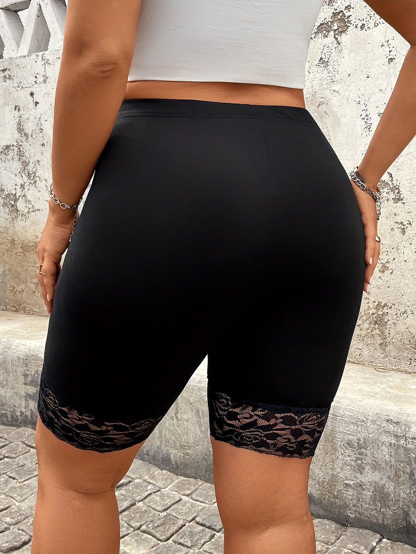 Pantalones cortos de tiro alto con encaje para mujer talla grande, de pierna recta, negros, para todas las estaciones