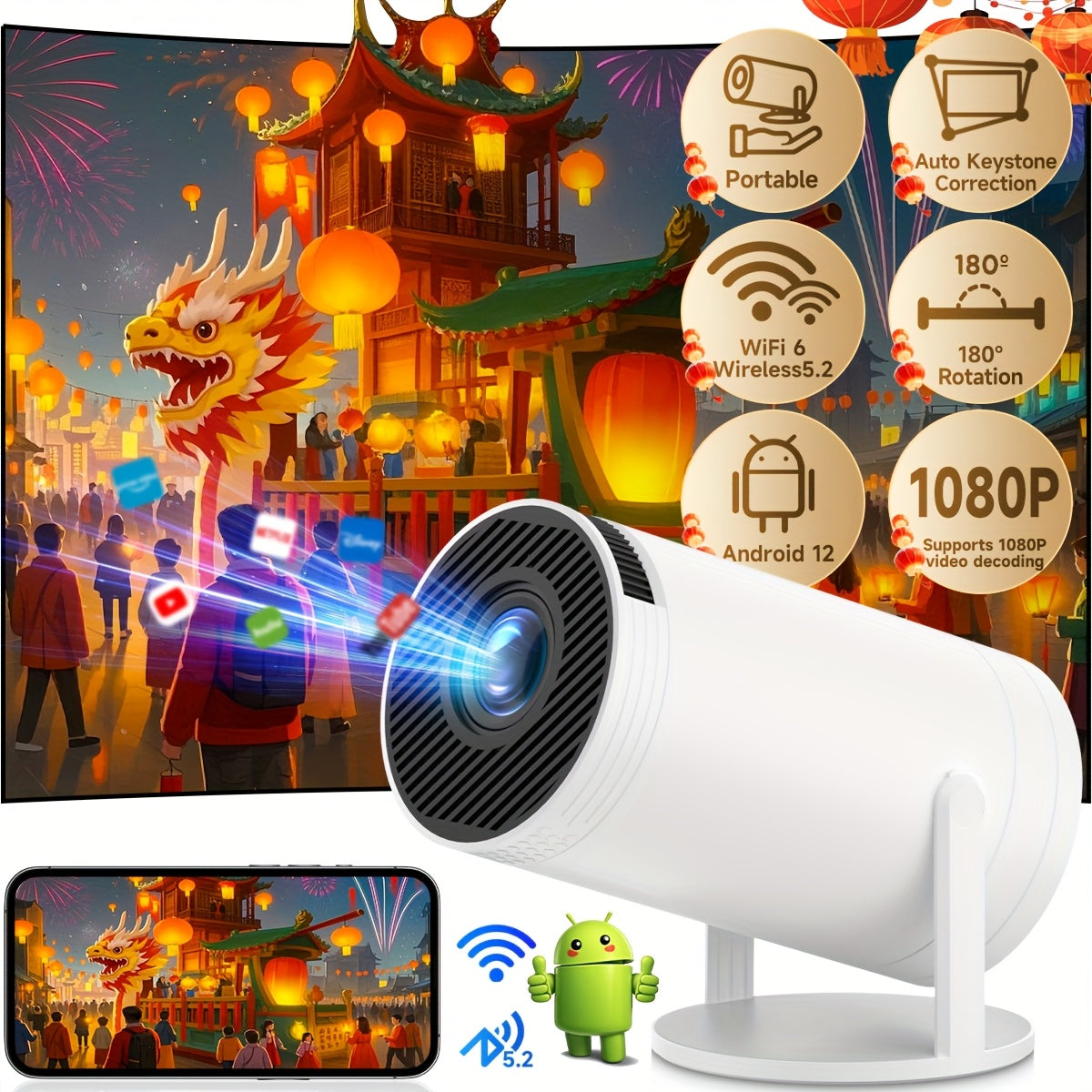 Mini Smart Projector WiFi6 Wireless 5.2 1080P Rotation HDMI Android