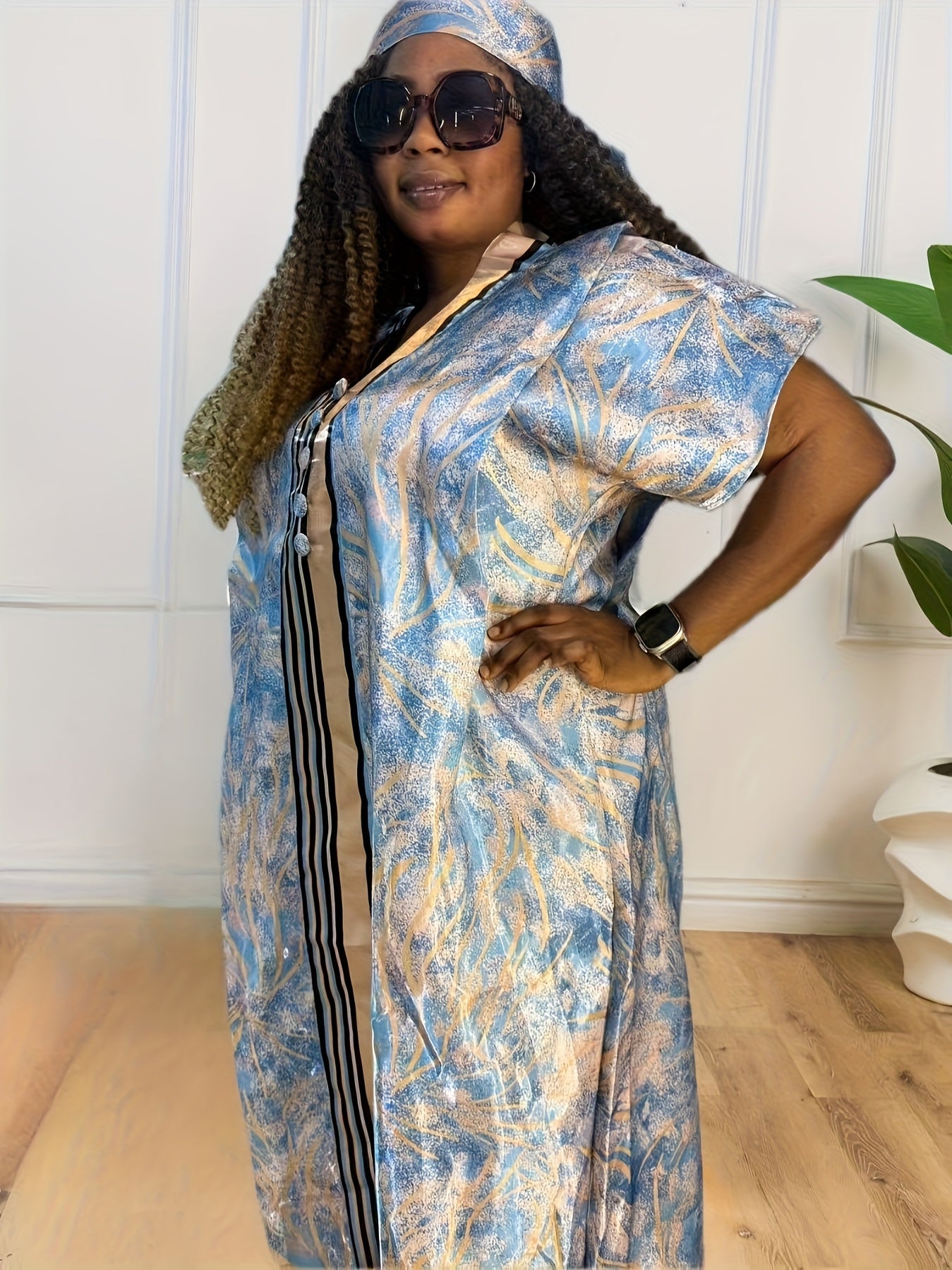 Plus Size Women's V-Neck Kaftan Dress with Batwing Sleeves and Floral Print
