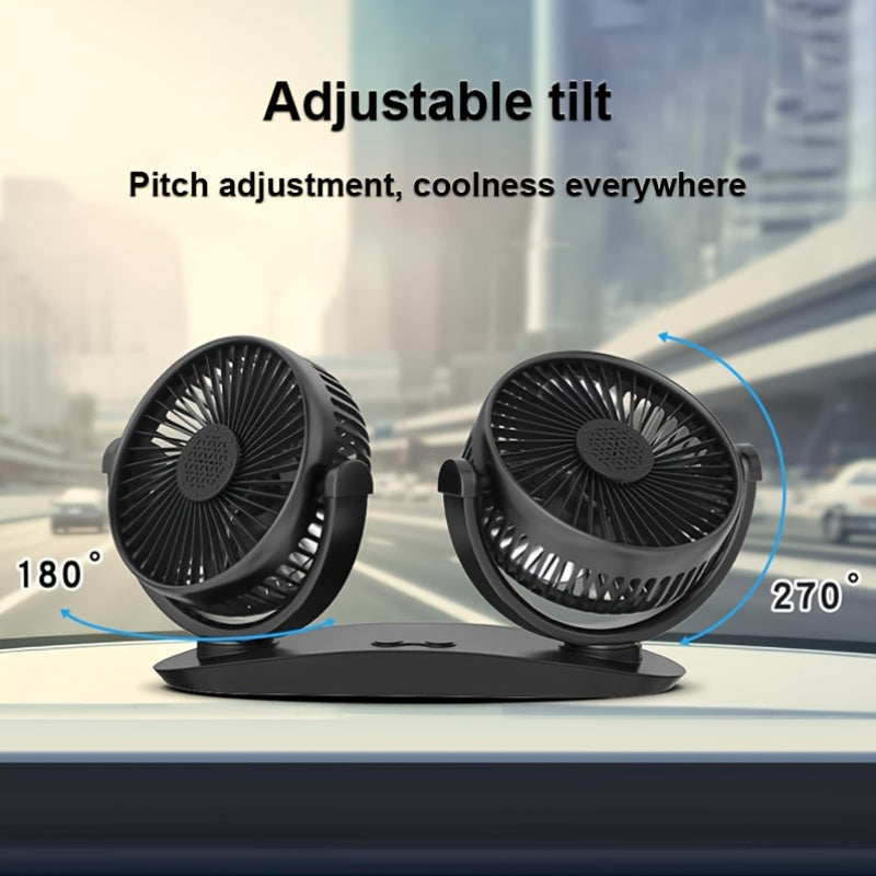Dual-Head USB Car Fan with 3-Speed, Aromatherapy Cover, Multi-Angle Rotation