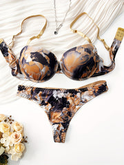 Women's Floral Print Push-Up Bra and Thong Set Black Red Nylon Blend Lingerie