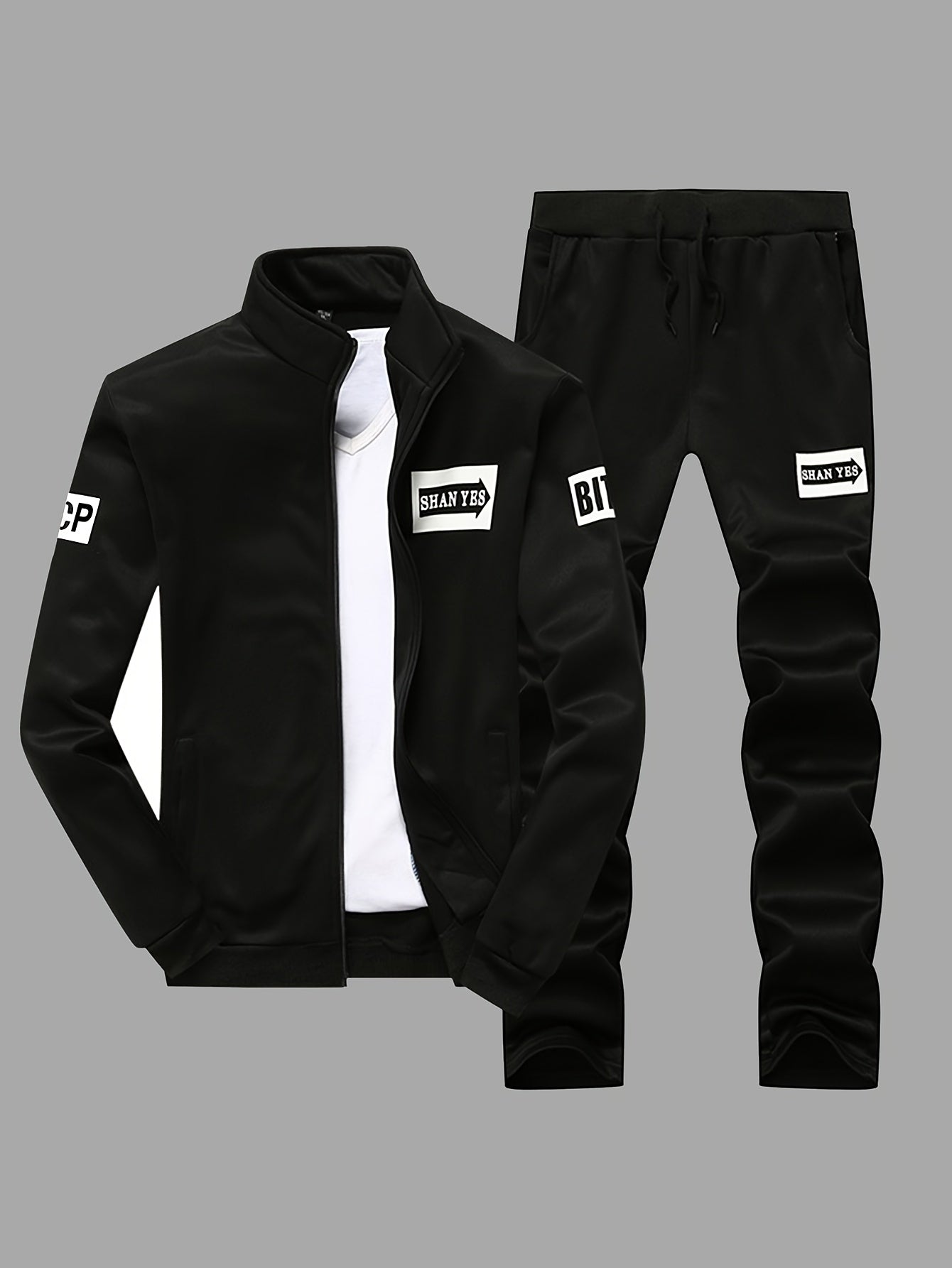 Men's Fleece Tracksuit Set with Pockets and "SPORT" Lettering in Black Polyester for Spring Fall