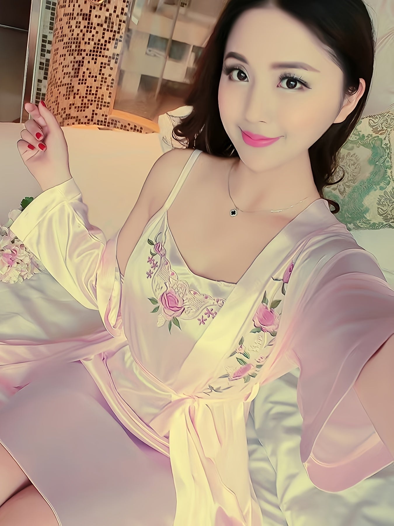 Women's Satin Nightgown Set with Suspenders and Embroidered Solid Color Pajama Sleepwear