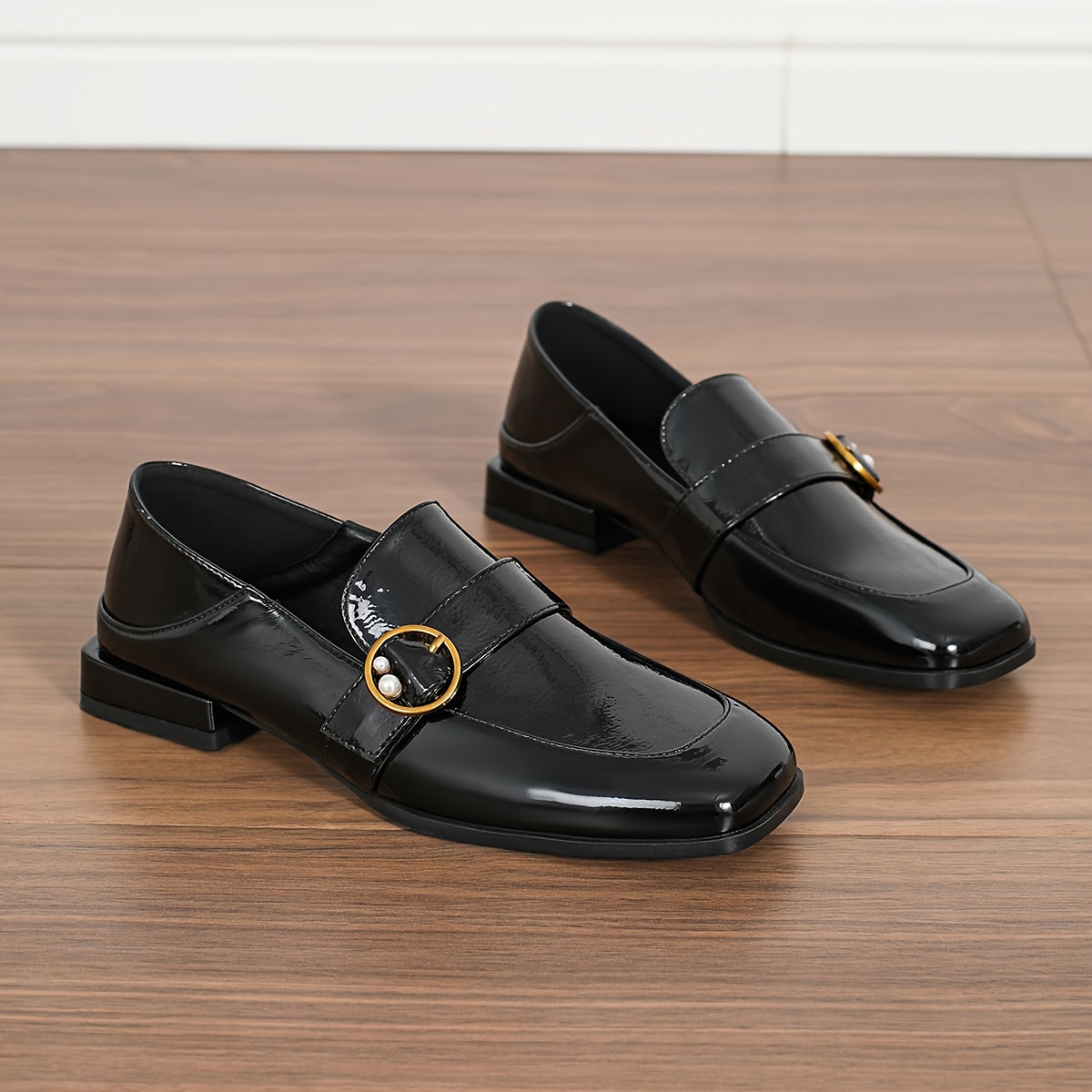 Women's Black Glossy Faux Leather Loafers with Gold Ring Accents