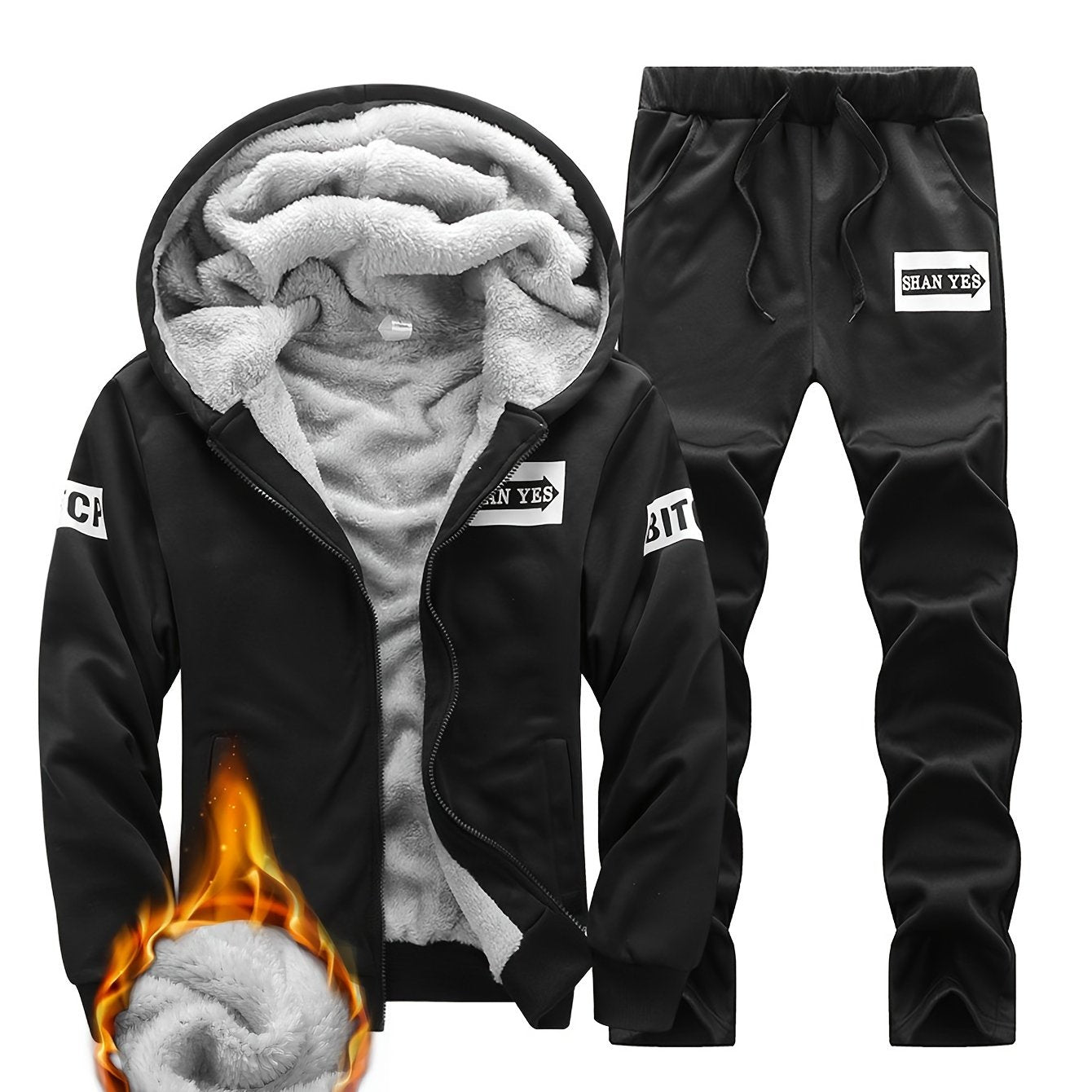 Men's Winter Fleece-Lined Hooded Jacket and Joggers Set Polyester Casual Warm Athletic