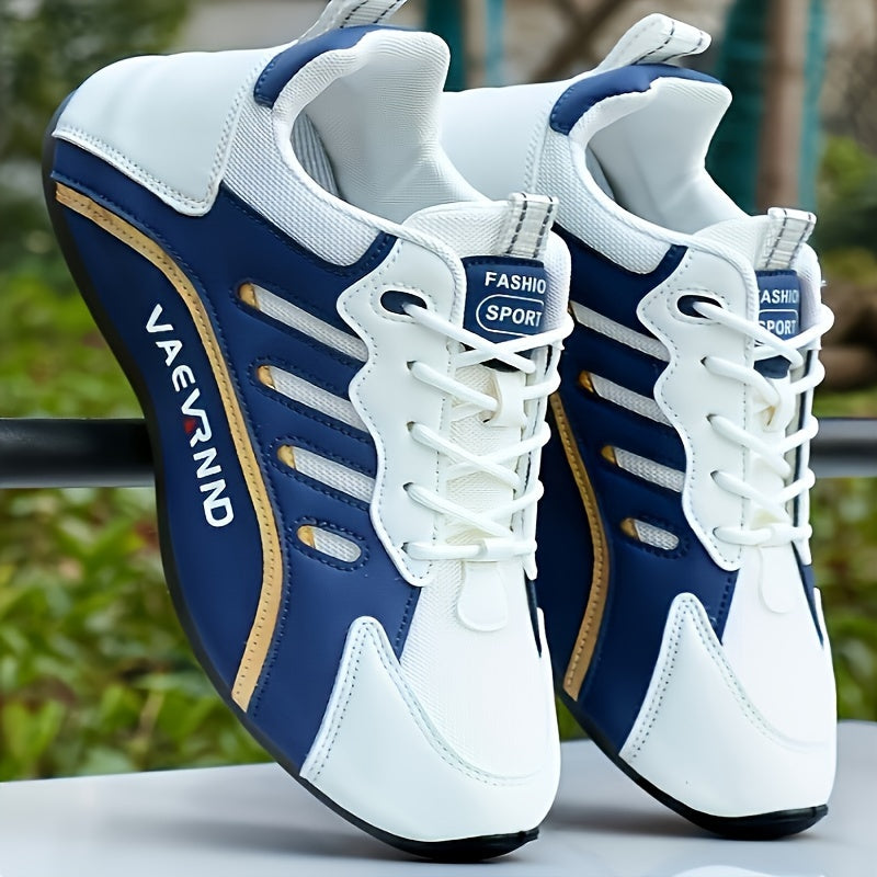 Erkaklar uchun qora va ko'k rangdagi dizaynga ega, oq asos, yashil aksentlar, PU yuqori qismi va PVC taglik bilan zamonaviy barcha mavsumli krossovkalar, norasmiy kiyimlar uchun.