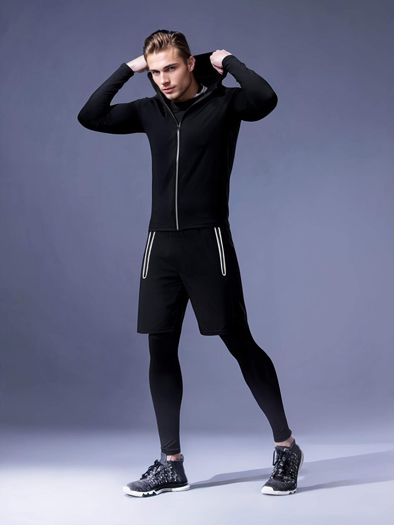 Men's Athletic Set Hooded Jacket Long Sleeve Shirt Shorts Leggings Polyester Spandex for Running Training Hiking