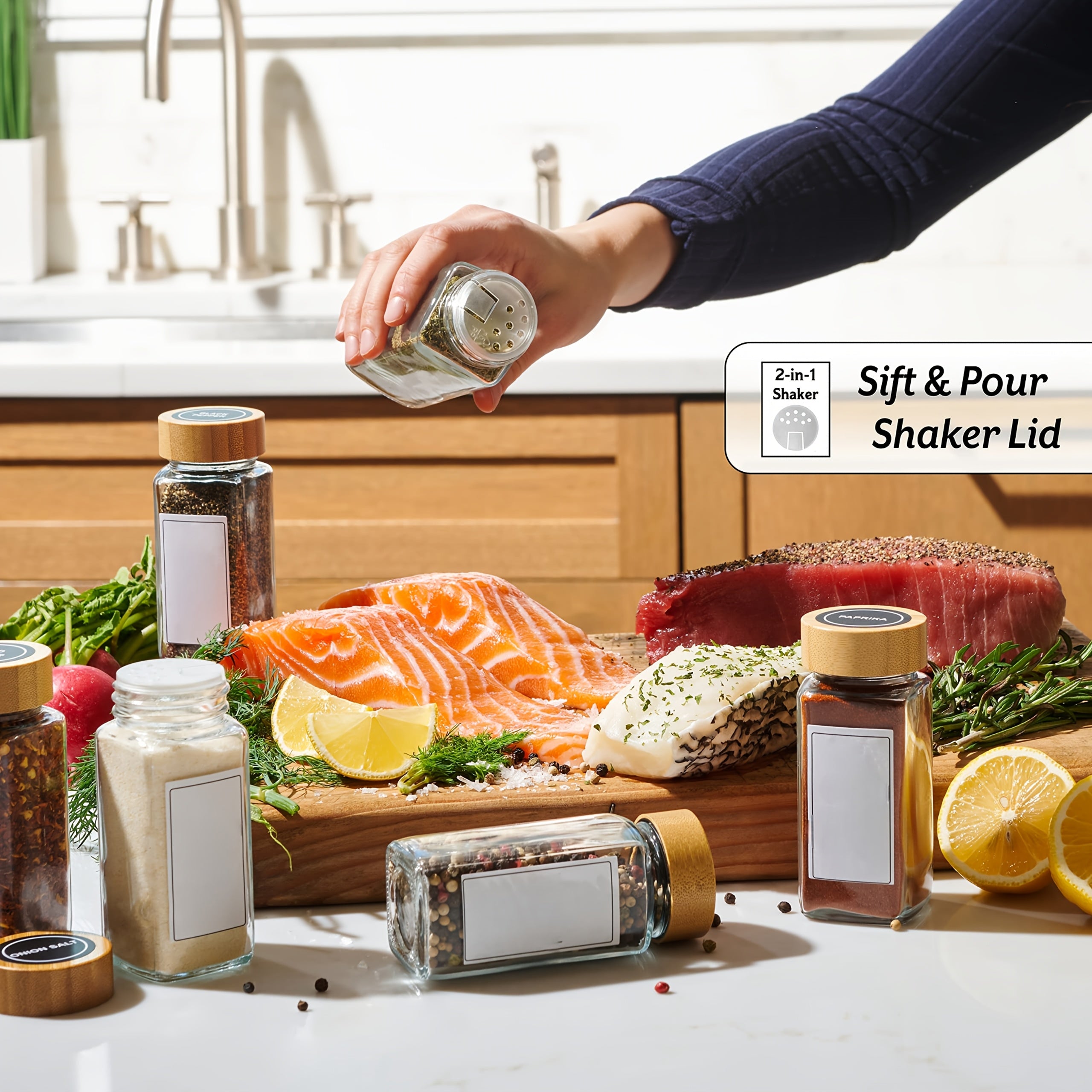 12-Donali shisha ziravorlar bankasi to'plami, bambuk qopqog'lar, yorliqlar va filtri bilan, havo o'tkazmaydigan oshxona saqlash uchun