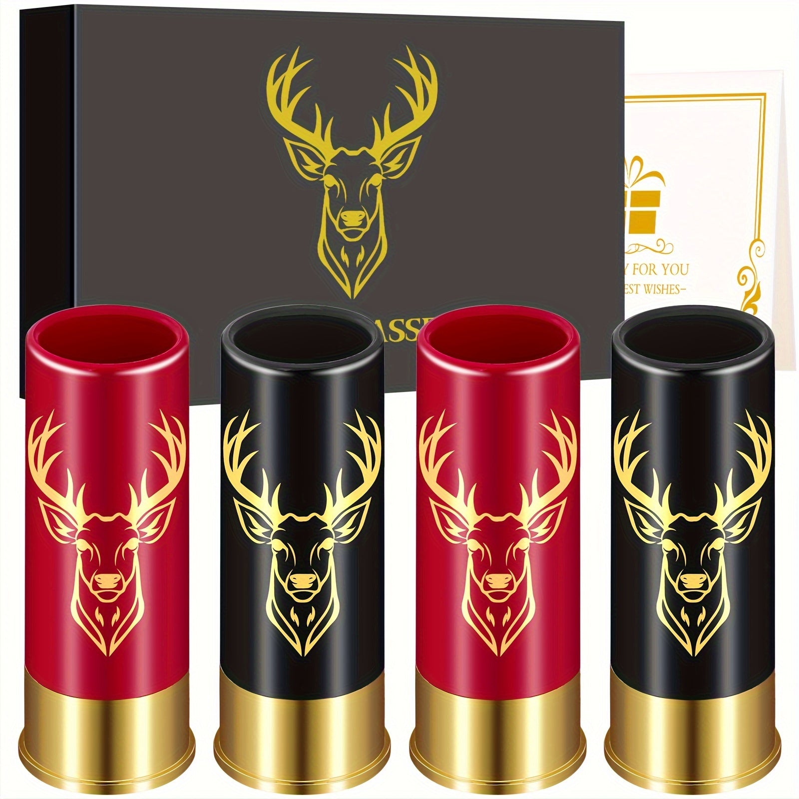 Set of 4 Reusable Plastic Shot Glasses with Deer and Skull Designs and Bullet-Shaped Cups