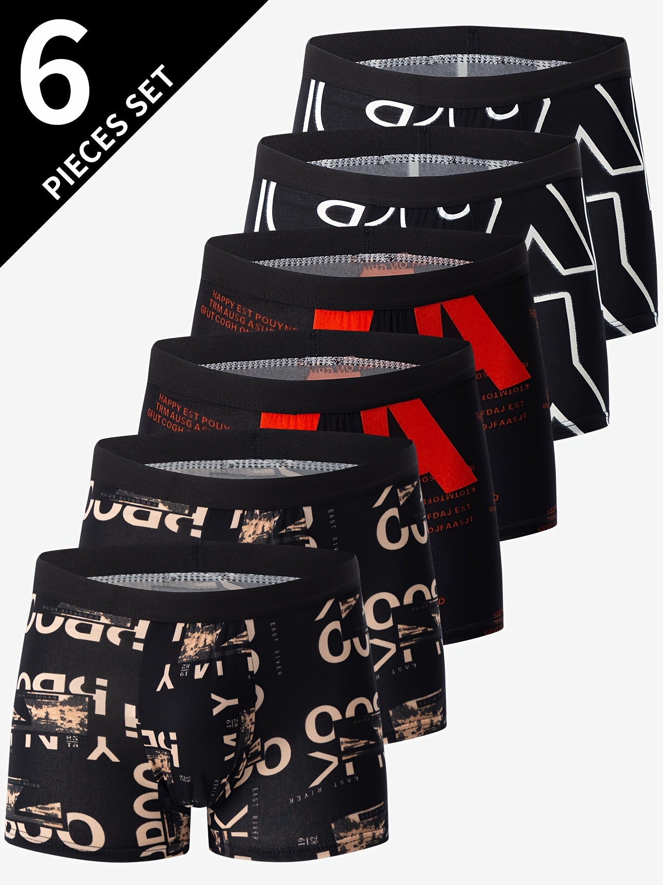 Men's Boxer Briefs 6-Pack with Contrast Letter Print Polyester Elastane Comfortable Daily Wear