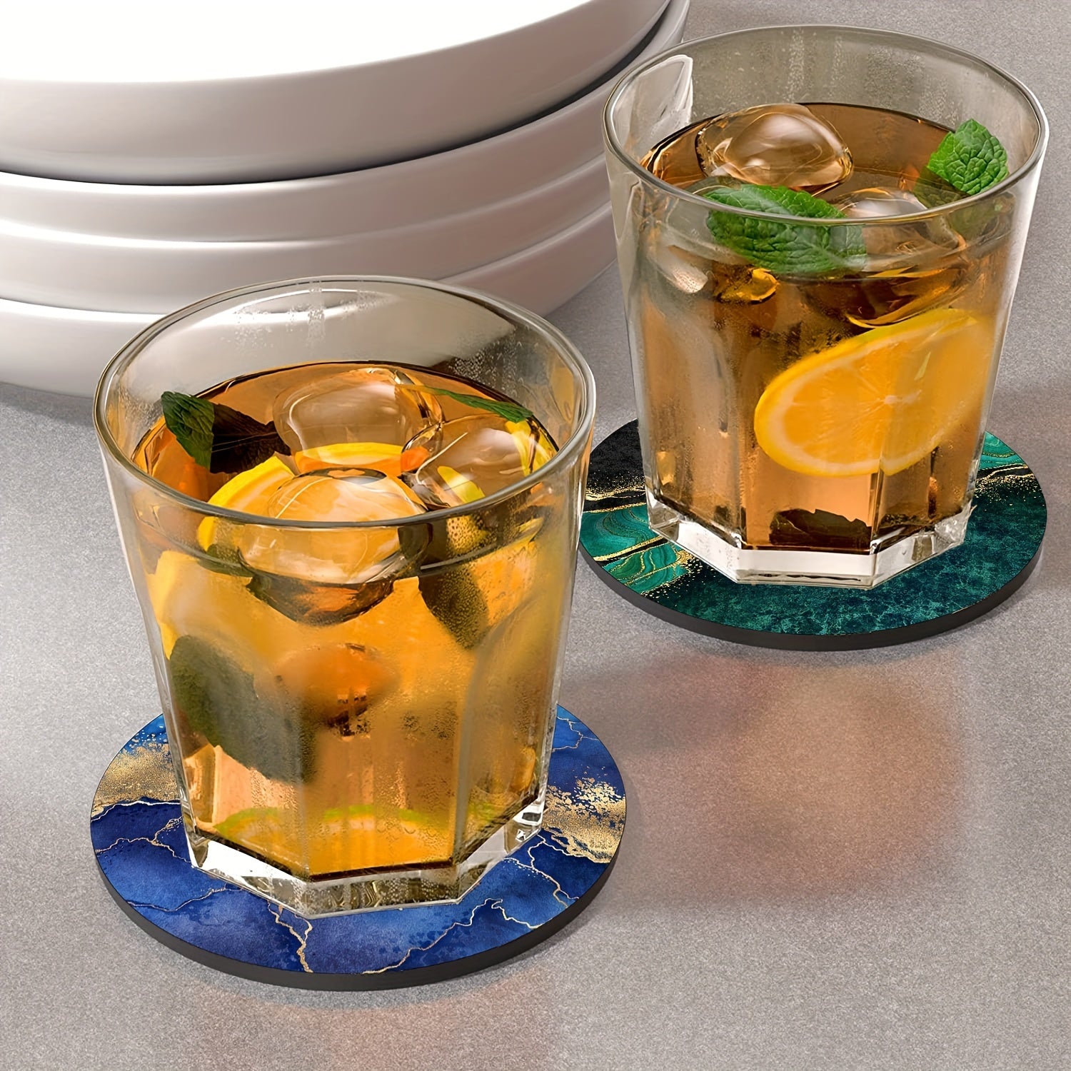 Luxury Gold Marbling Coasters Set 6 Absorbent Rubber Non-Slip 10.16cm Round