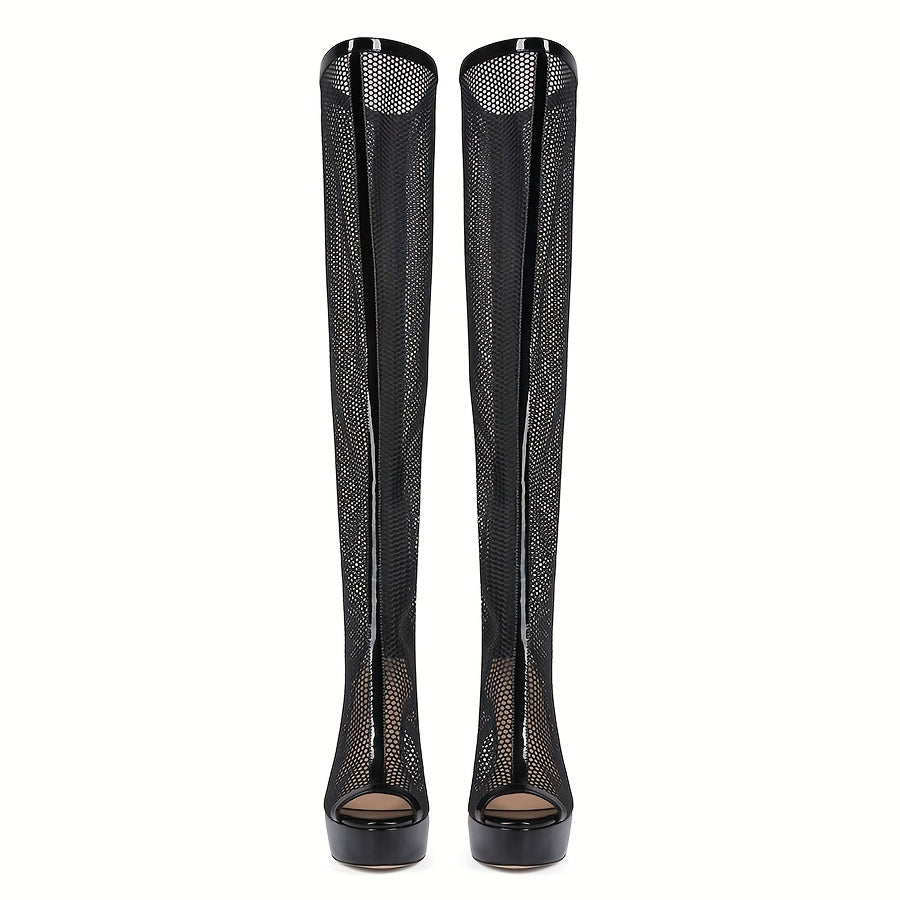 Women's Black Over-the-Knee High Heels Open Toe Zipper Cut-Out Boot